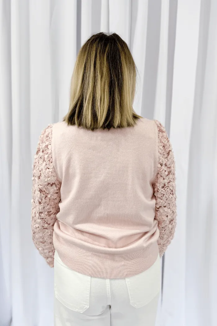 3D Flower Sleeve Sweater in Blush