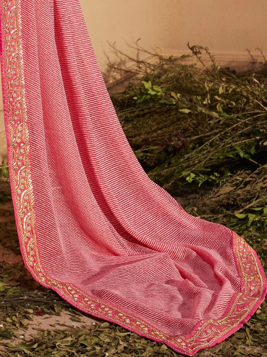 Anouk Striped Printed Sequinned Pure Georgette Leheriya Saree