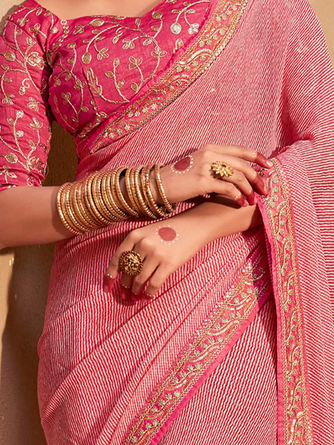 Anouk Striped Printed Sequinned Pure Georgette Leheriya Saree