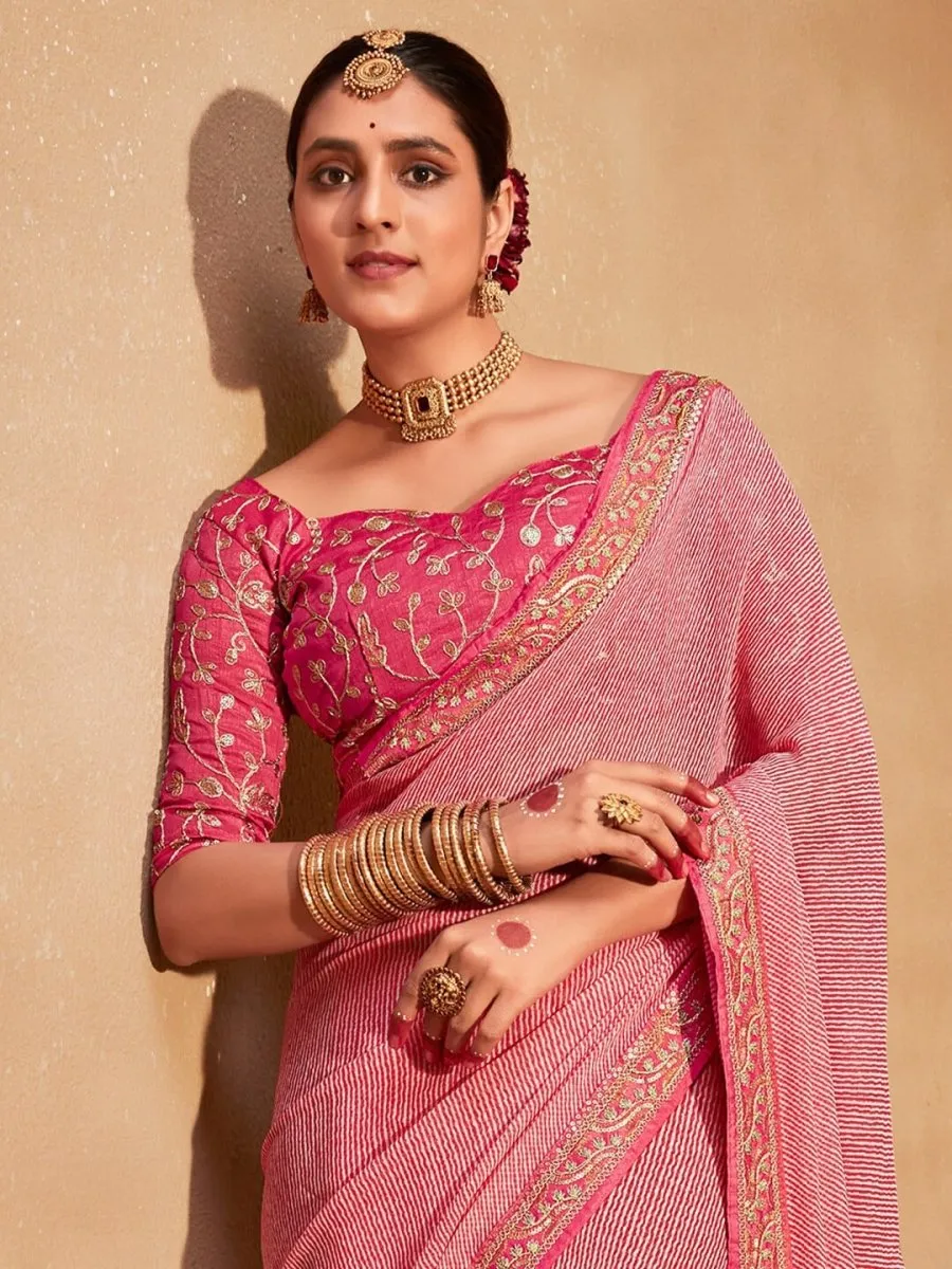 Anouk Striped Printed Sequinned Pure Georgette Leheriya Saree