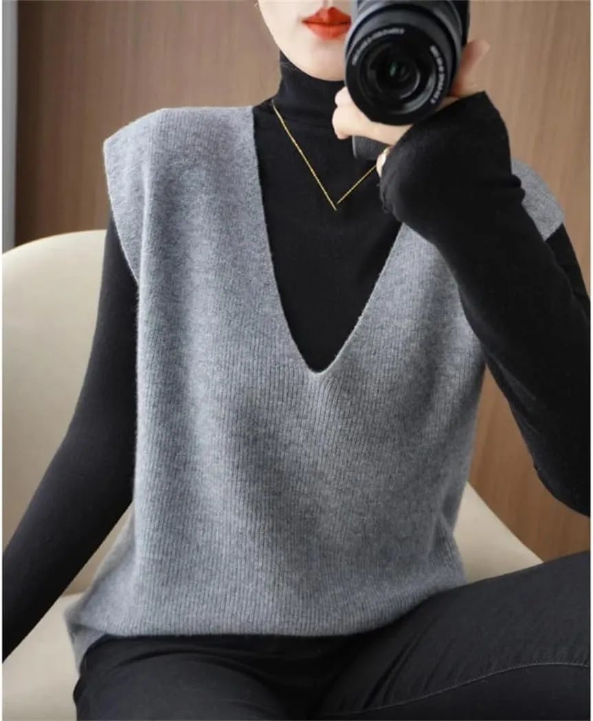 Autumn Winter Women Knitted Cashmere Sweater Vest Korean Sleeveless V-Neck Pullover Female Vest Loose Tops