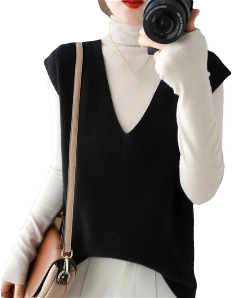 Autumn Winter Women Knitted Cashmere Sweater Vest Korean Sleeveless V-Neck Pullover Female Vest Loose Tops