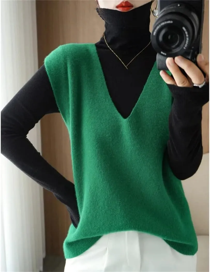 Autumn Winter Women Knitted Cashmere Sweater Vest Korean Sleeveless V-Neck Pullover Female Vest Loose Tops