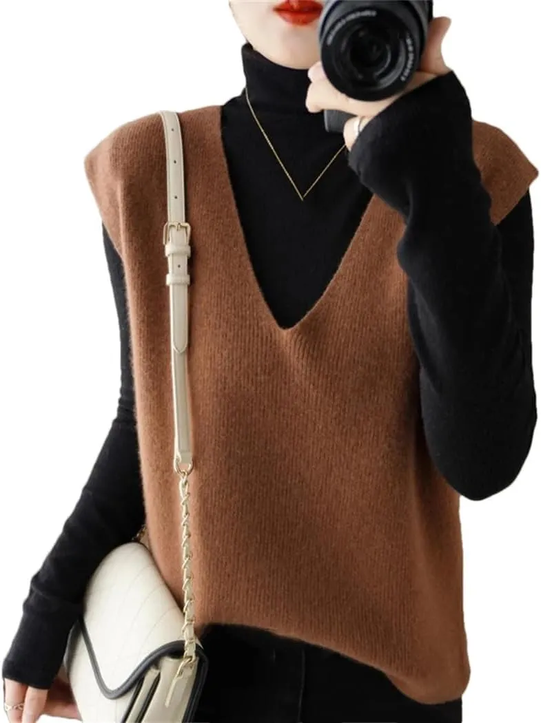 Autumn Winter Women Knitted Cashmere Sweater Vest Korean Sleeveless V-Neck Pullover Female Vest Loose Tops