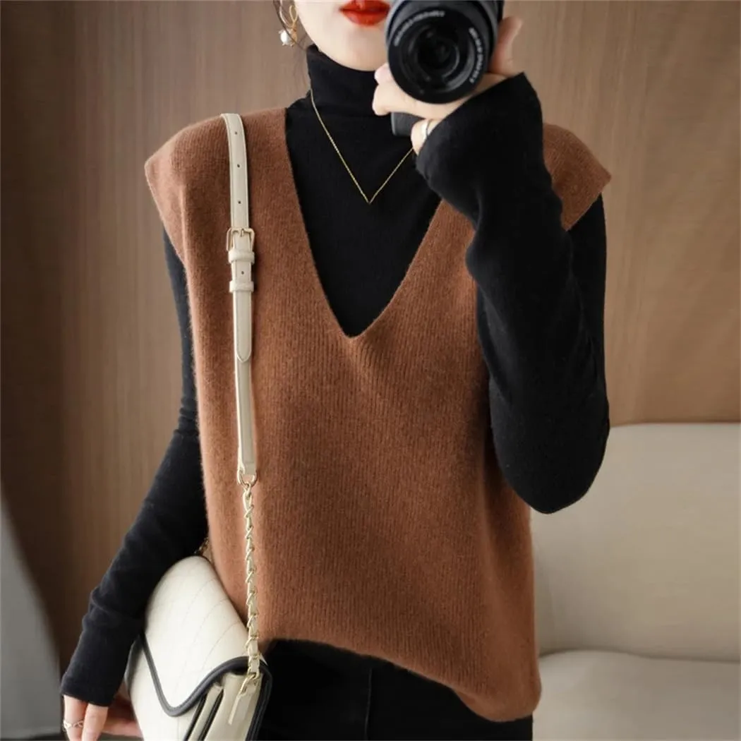 Autumn Winter Women Knitted Cashmere Sweater Vest Korean Sleeveless V-Neck Pullover Female Vest Loose Tops