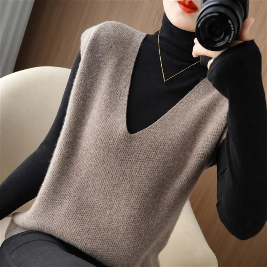 Autumn Winter Women Knitted Cashmere Sweater Vest Korean Sleeveless V-Neck Pullover Female Vest Loose Tops