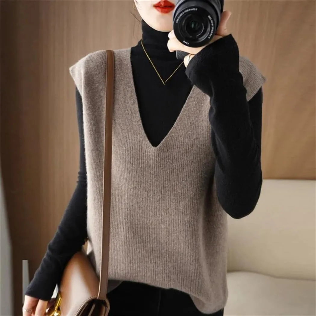 Autumn Winter Women Knitted Cashmere Sweater Vest Korean Sleeveless V-Neck Pullover Female Vest Loose Tops