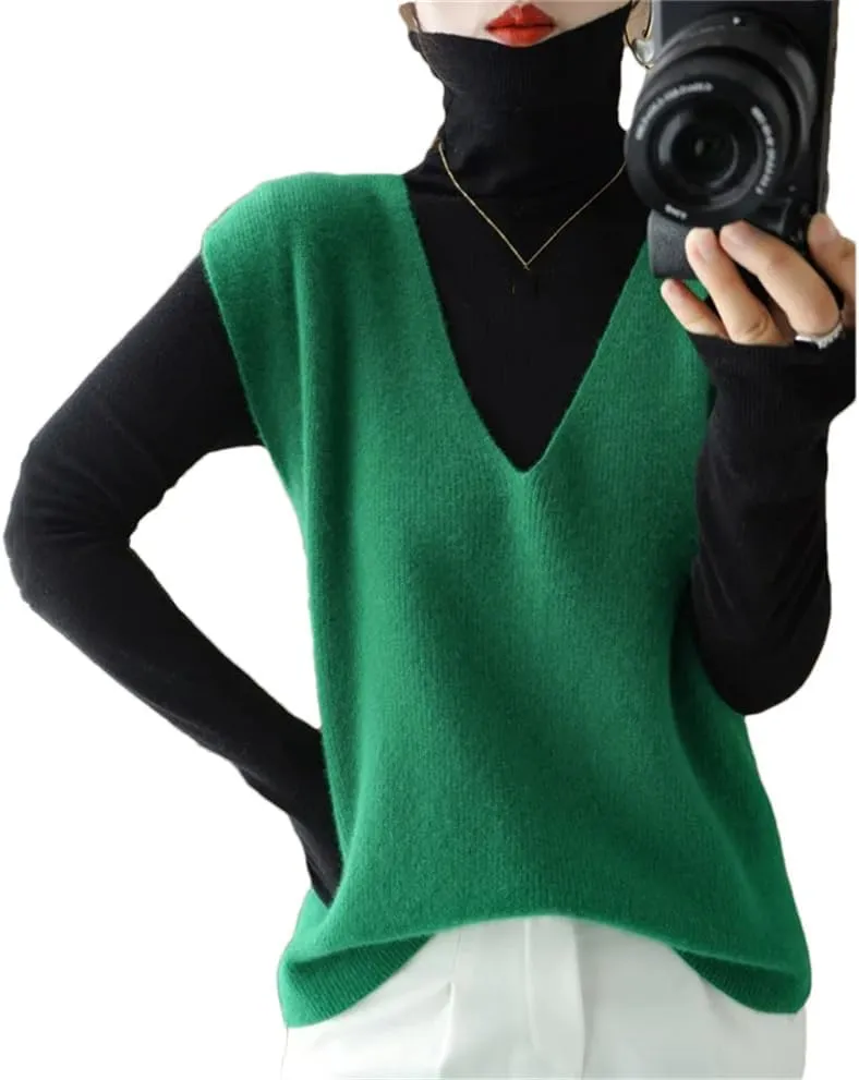 Autumn Winter Women Knitted Cashmere Sweater Vest Korean Sleeveless V-Neck Pullover Female Vest Loose Tops
