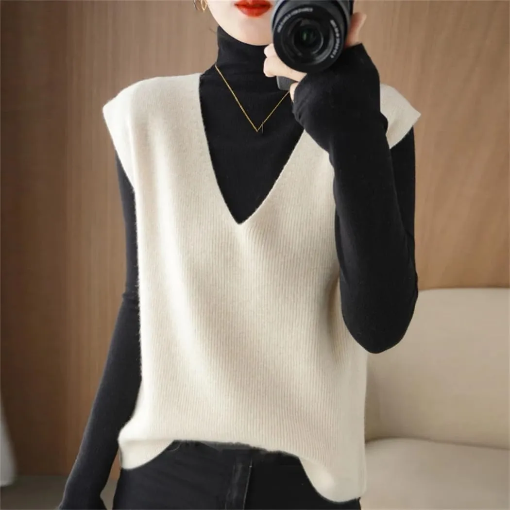 Autumn Winter Women Knitted Cashmere Sweater Vest Korean Sleeveless V-Neck Pullover Female Vest Loose Tops