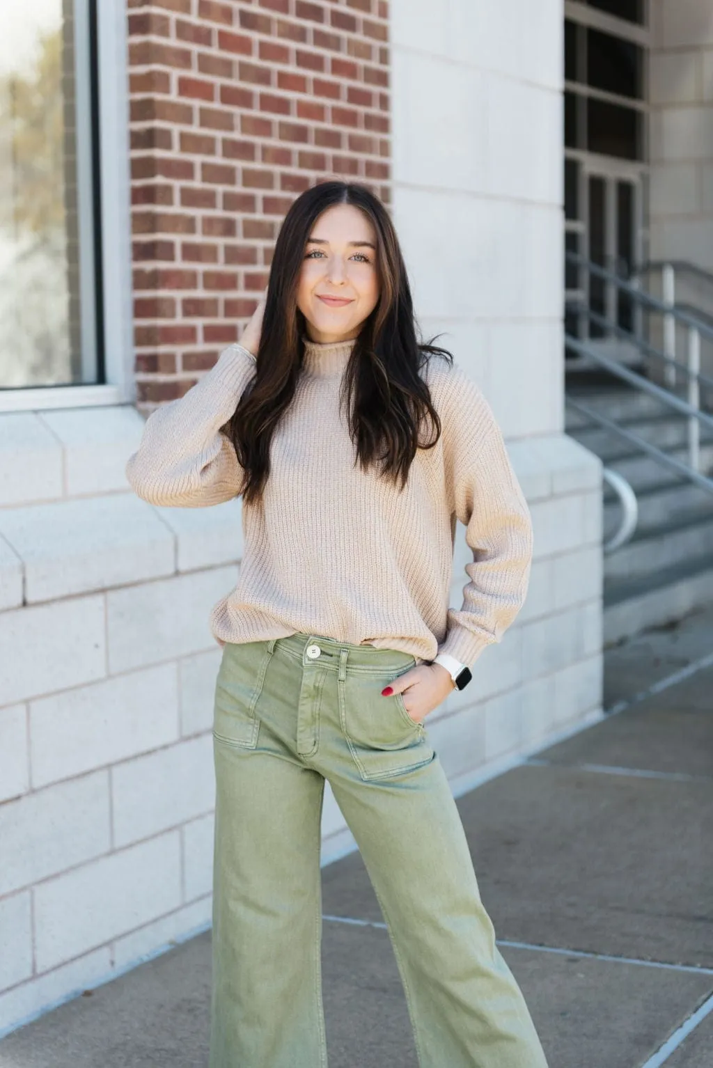 Beige Chunky Knit Mock Neck Sweater