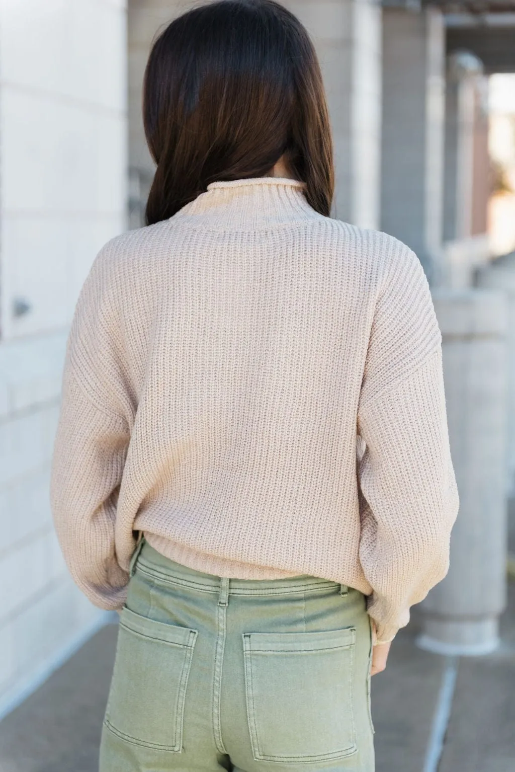 Beige Chunky Knit Mock Neck Sweater