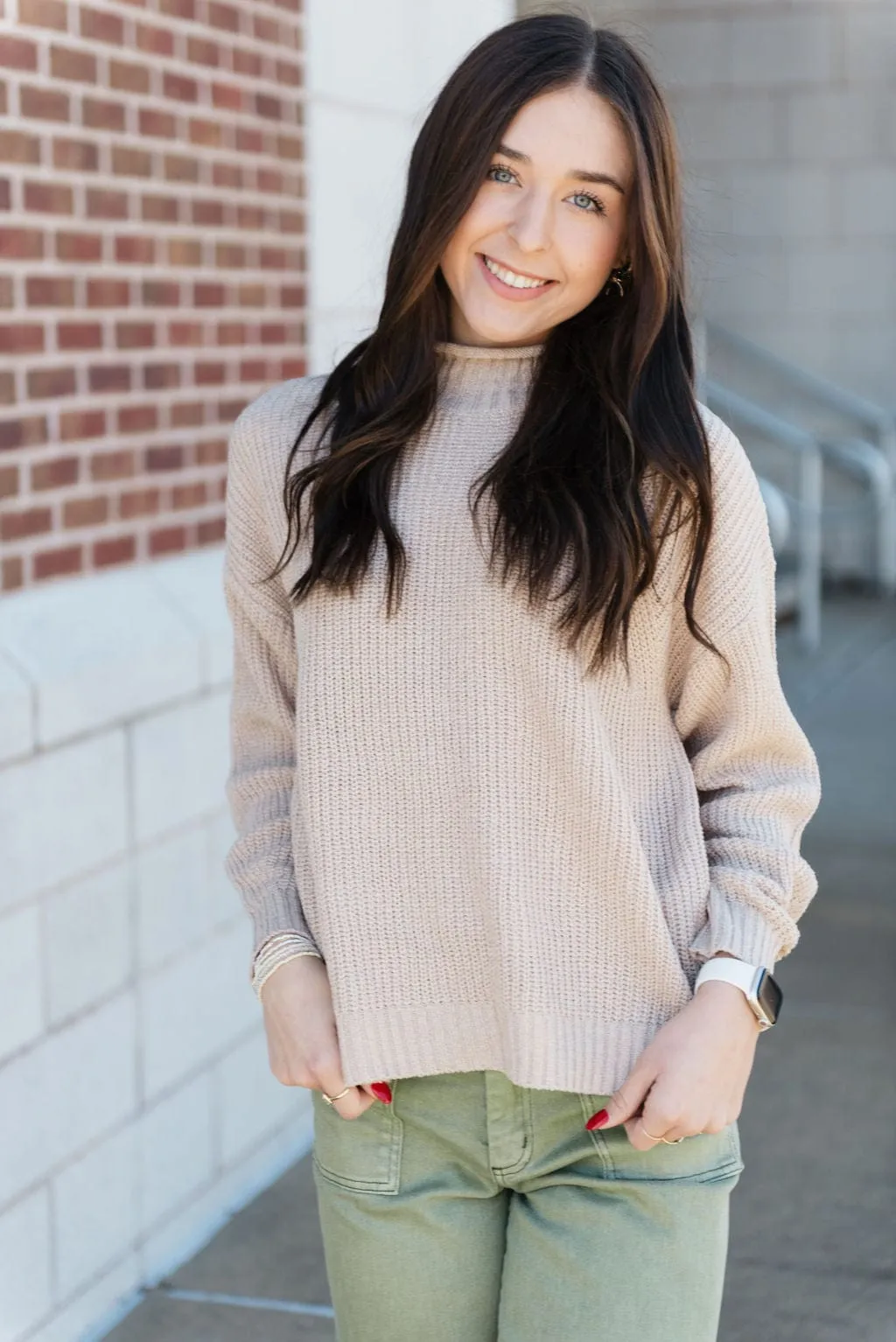 Beige Chunky Knit Mock Neck Sweater