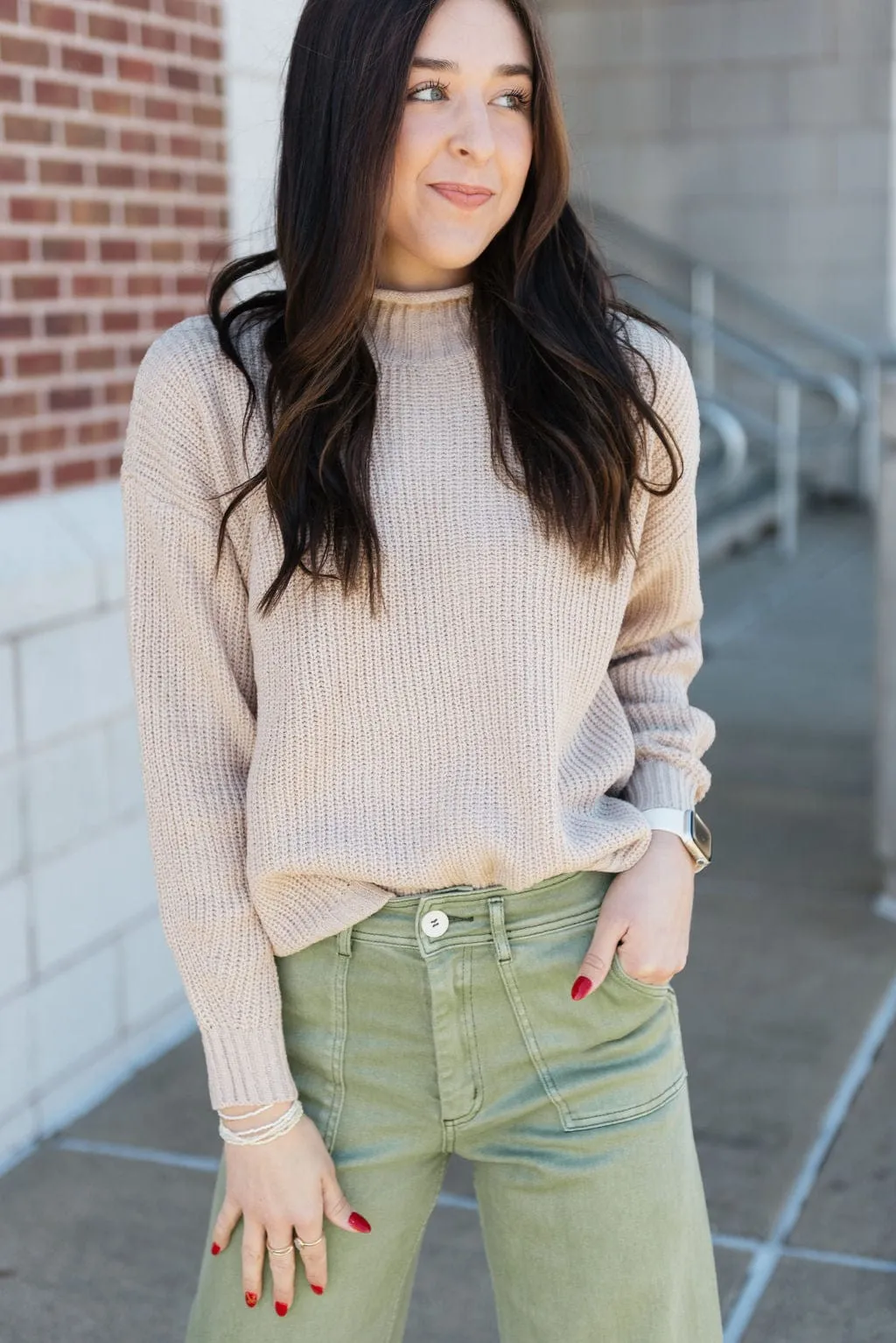 Beige Chunky Knit Mock Neck Sweater