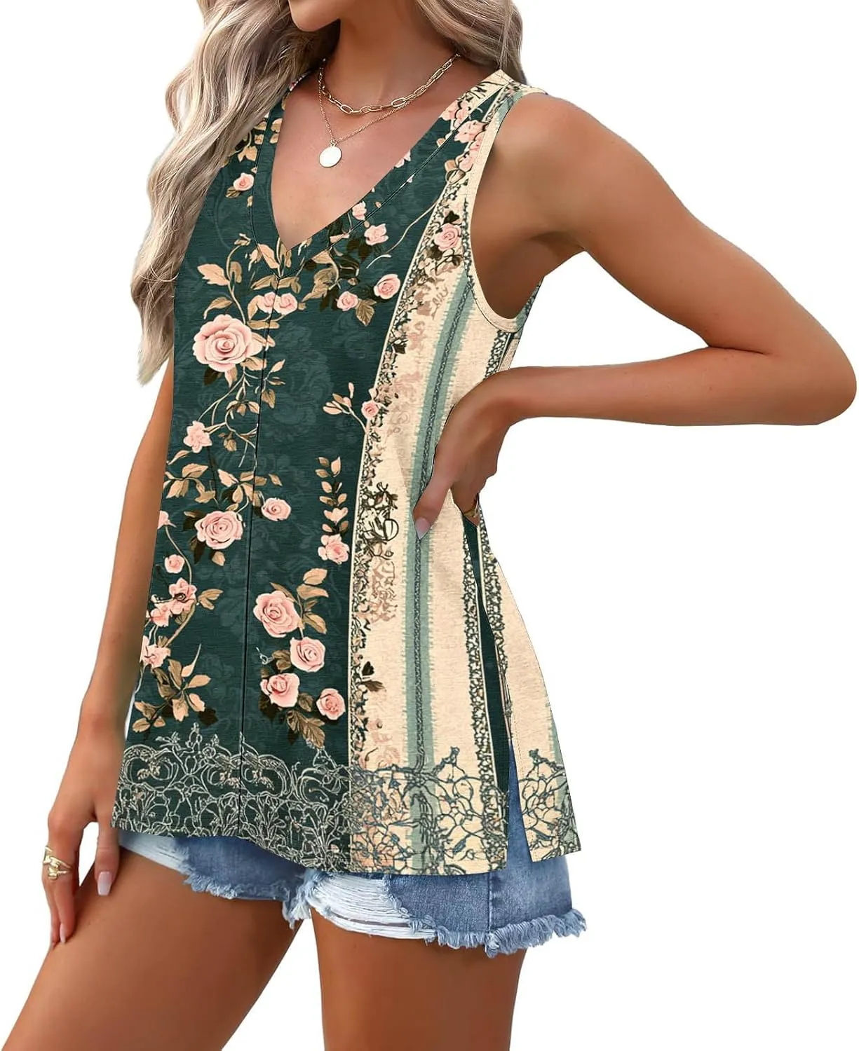 Boho Floral Tank Top for Women Sleeveless V Neck Summer Casual Loose Fit Printed Camisole Blouse with Side Split