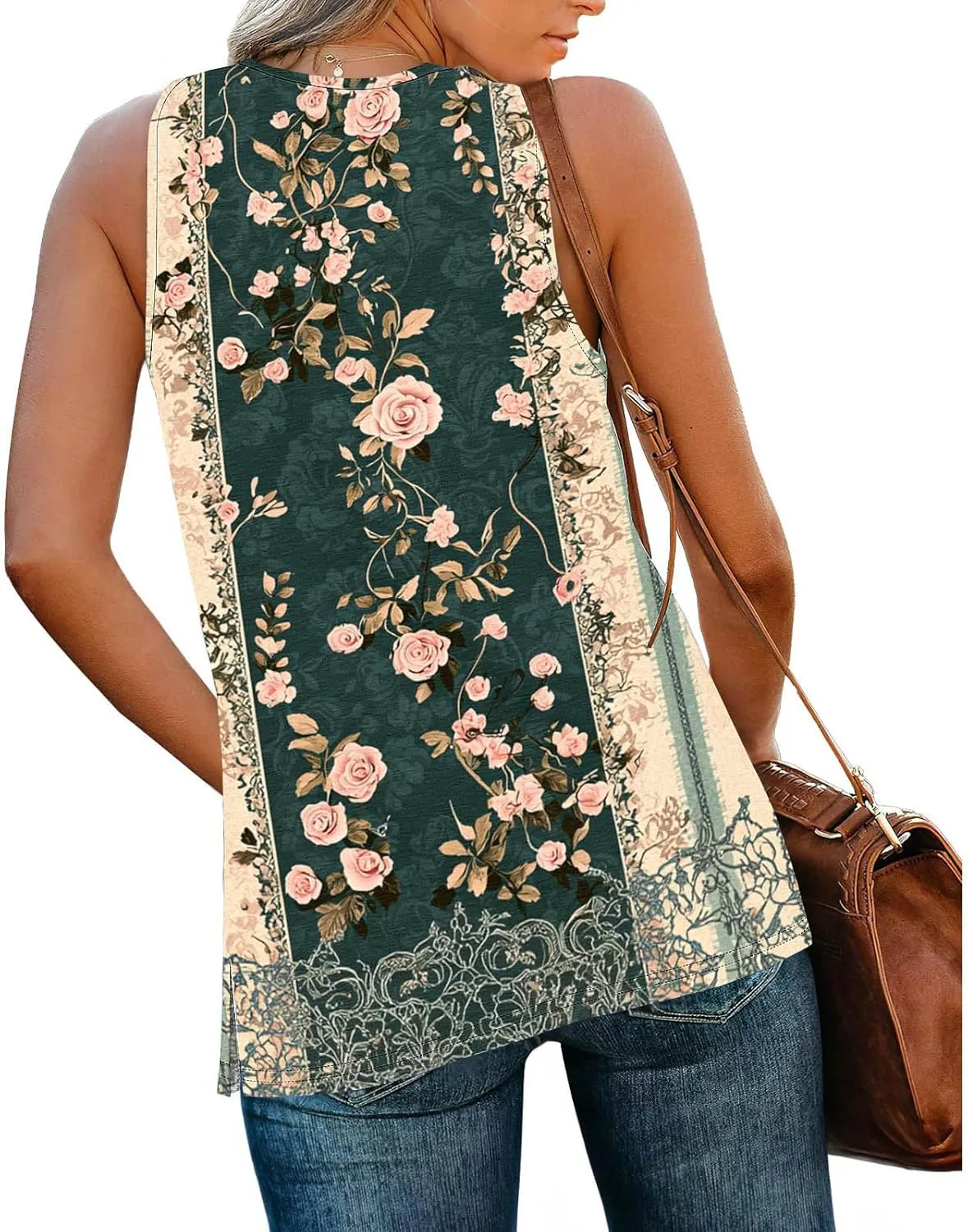 Boho Floral Tank Top for Women Sleeveless V Neck Summer Casual Loose Fit Printed Camisole Blouse with Side Split