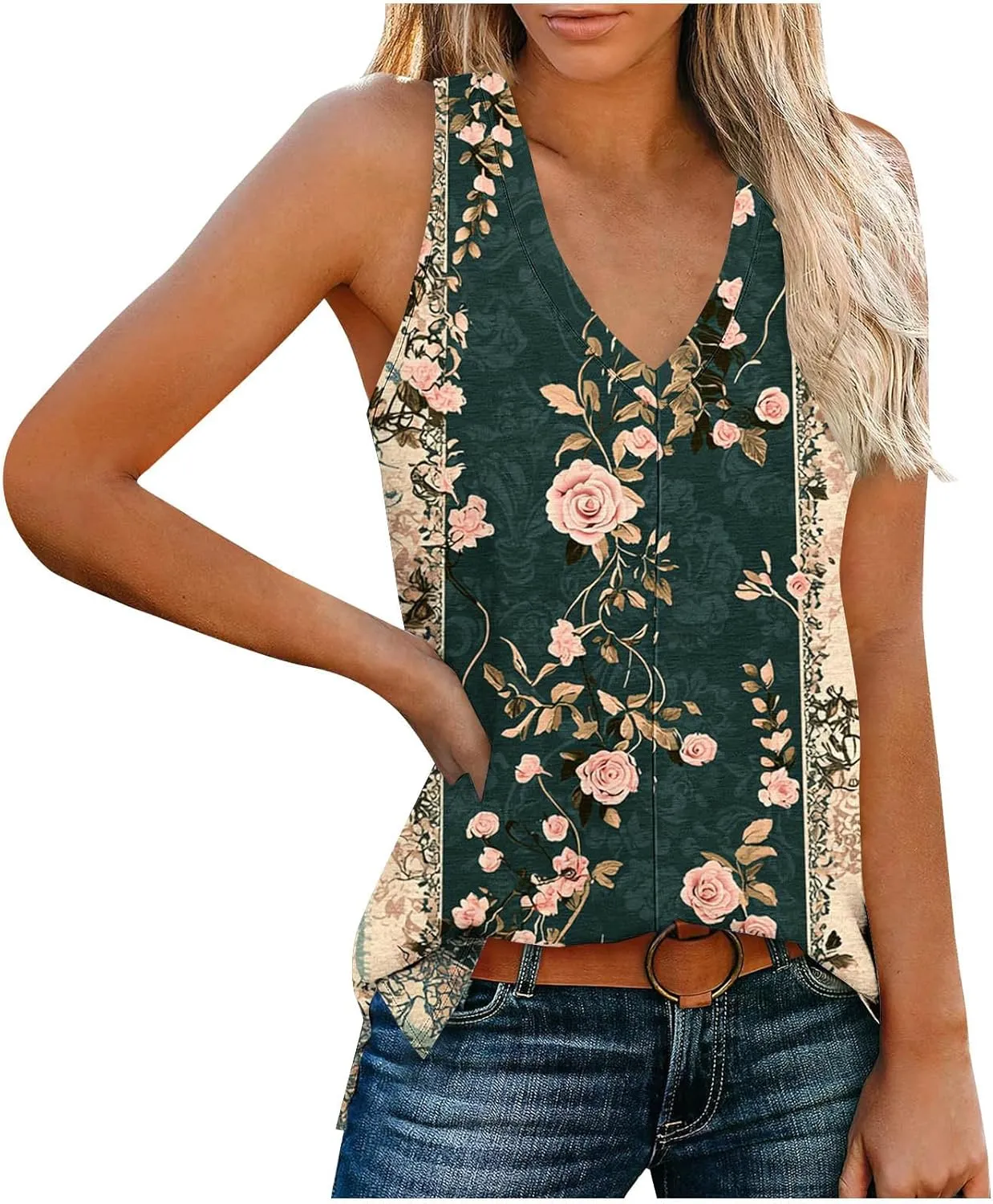 Boho Floral Tank Top for Women Sleeveless V Neck Summer Casual Loose Fit Printed Camisole Blouse with Side Split