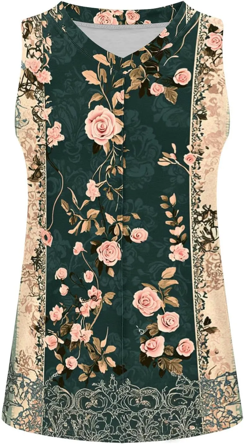 Boho Floral Tank Top for Women Sleeveless V Neck Summer Casual Loose Fit Printed Camisole Blouse with Side Split