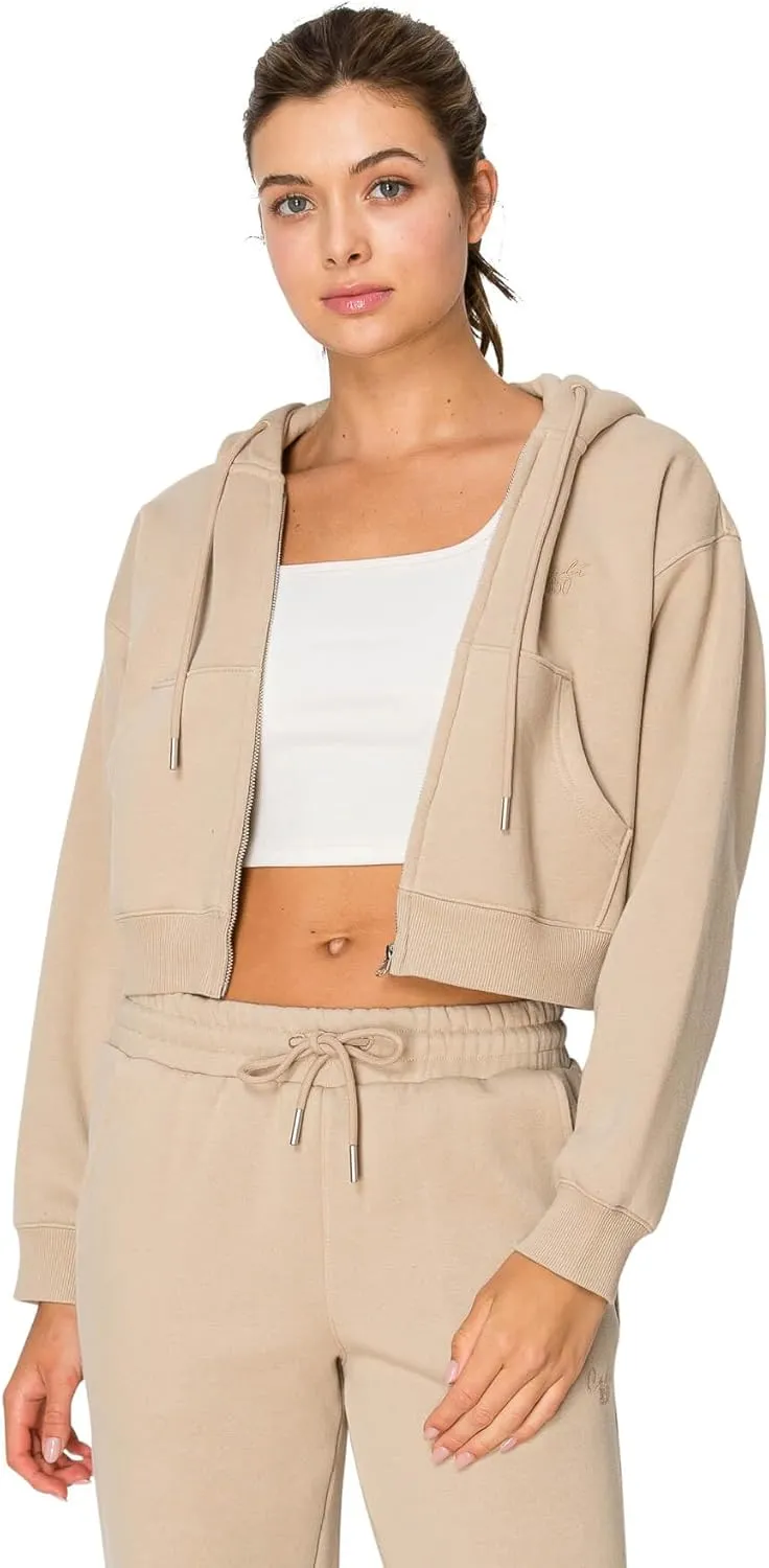 Cali1850 Women's Cloud Nine Fleece Cropped Zip Hoodie  Relaxed Boyfriend Fit, Double-Layer Hood, Ribbed Cuffs and Hem
