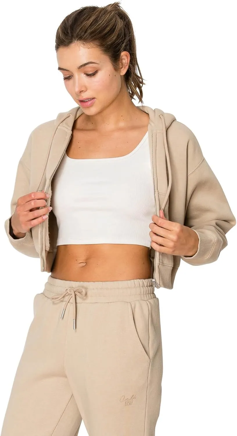 Cali1850 Women's Cloud Nine Fleece Cropped Zip Hoodie  Relaxed Boyfriend Fit, Double-Layer Hood, Ribbed Cuffs and Hem