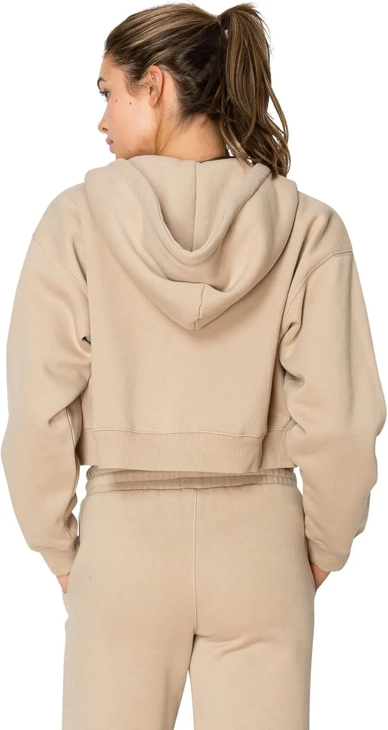 Cali1850 Women's Cloud Nine Fleece Cropped Zip Hoodie  Relaxed Boyfriend Fit, Double-Layer Hood, Ribbed Cuffs and Hem