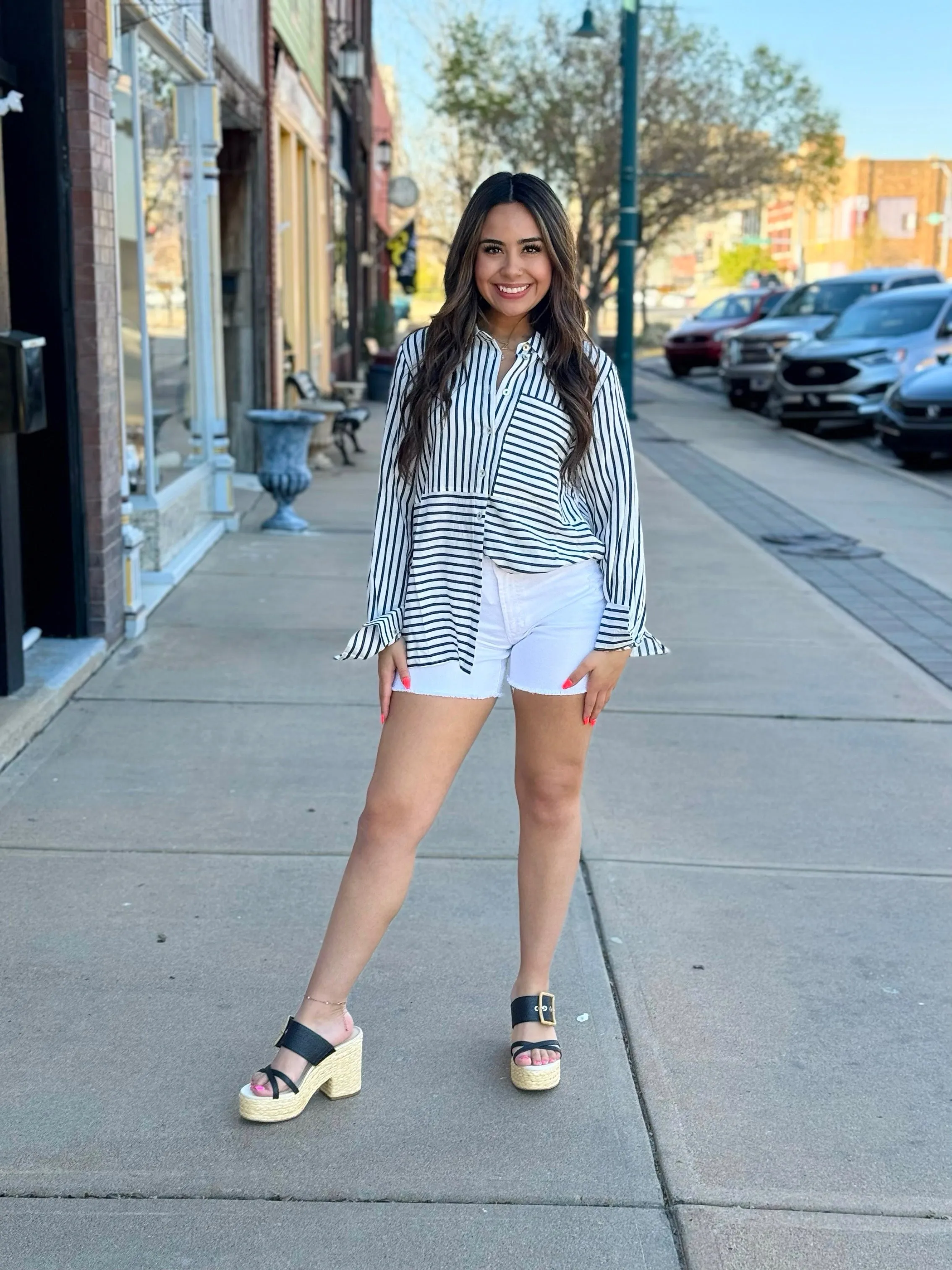 Charlie B Navy Striped Long Sleeve Blouse