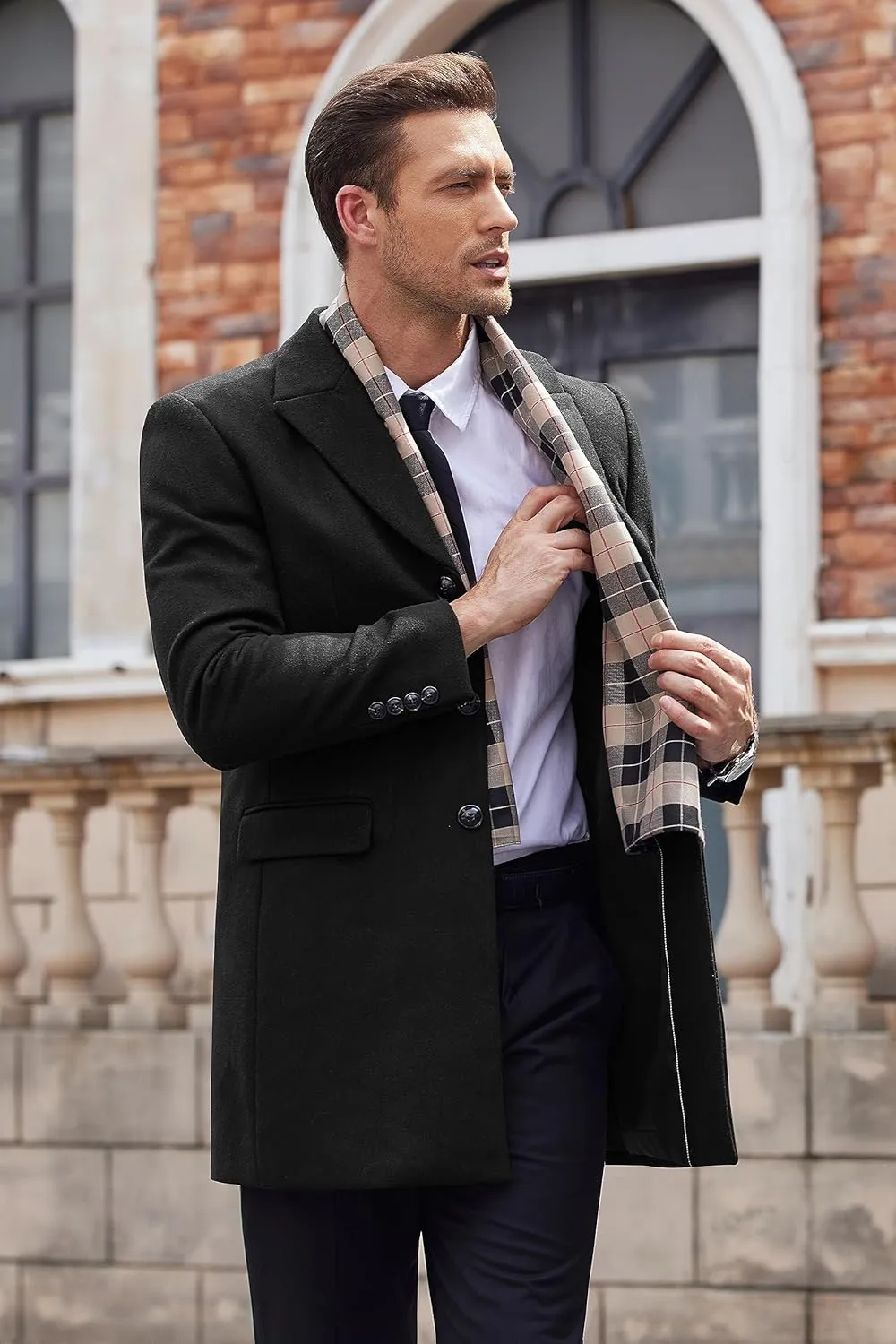 COOFANDY Men's Wool Blend Coat with Detachable Plaid Scarfs Notched Collar Single Breasted Pea Coat Trench Overcoat