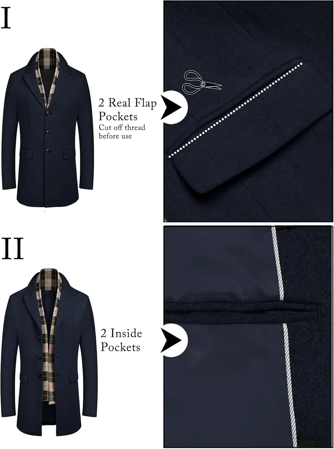 COOFANDY Men's Wool Blend Coat with Detachable Plaid Scarfs Notched Collar Single Breasted Pea Coat Trench Overcoat