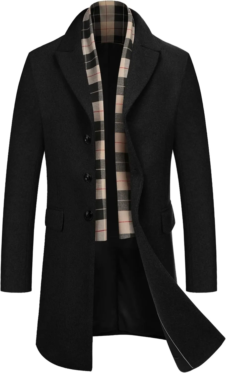 COOFANDY Men's Wool Blend Coat with Detachable Plaid Scarfs Notched Collar Single Breasted Pea Coat Trench Overcoat