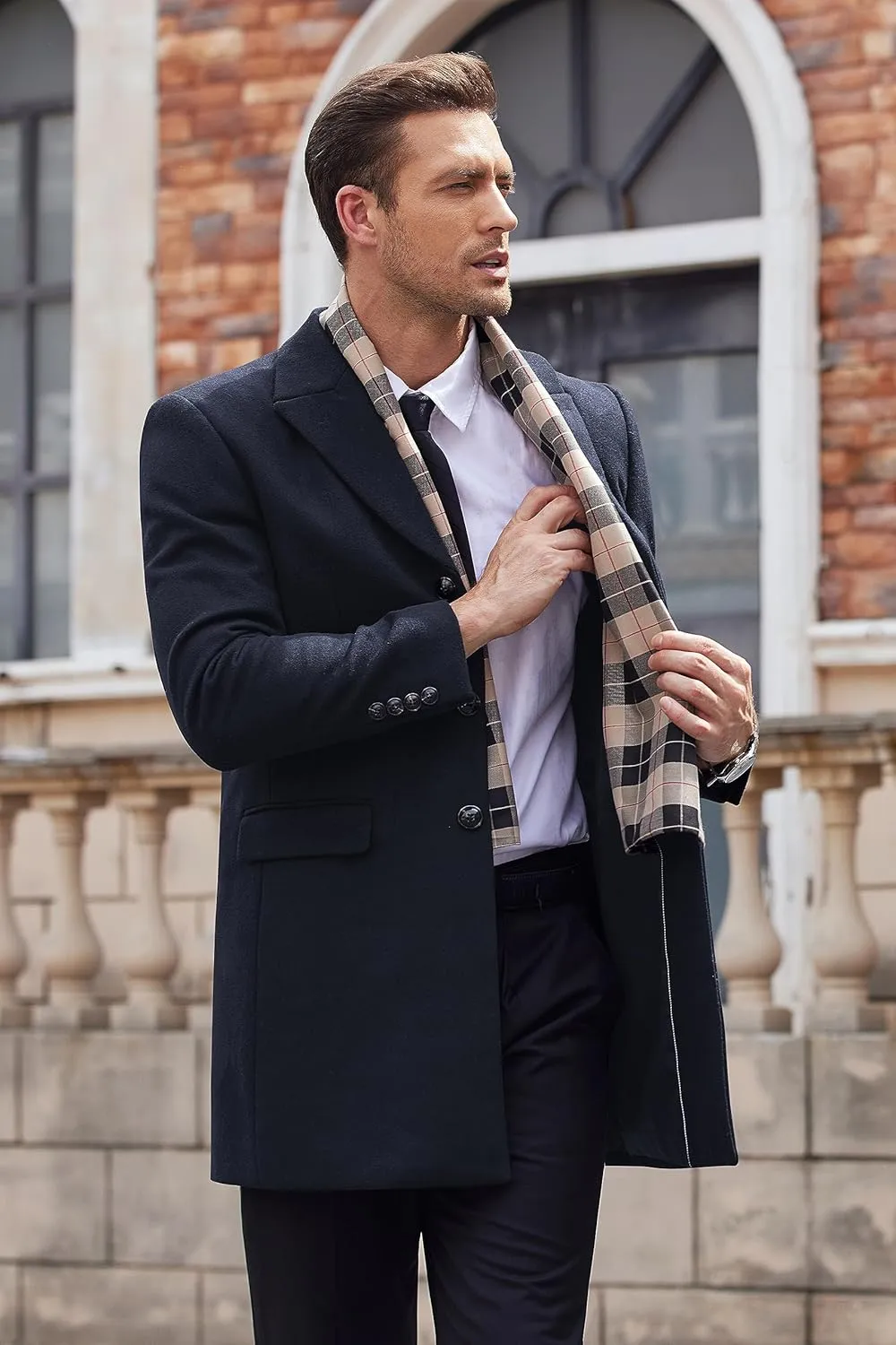 COOFANDY Men's Wool Blend Coat with Detachable Plaid Scarfs Notched Collar Single Breasted Pea Coat Trench Overcoat