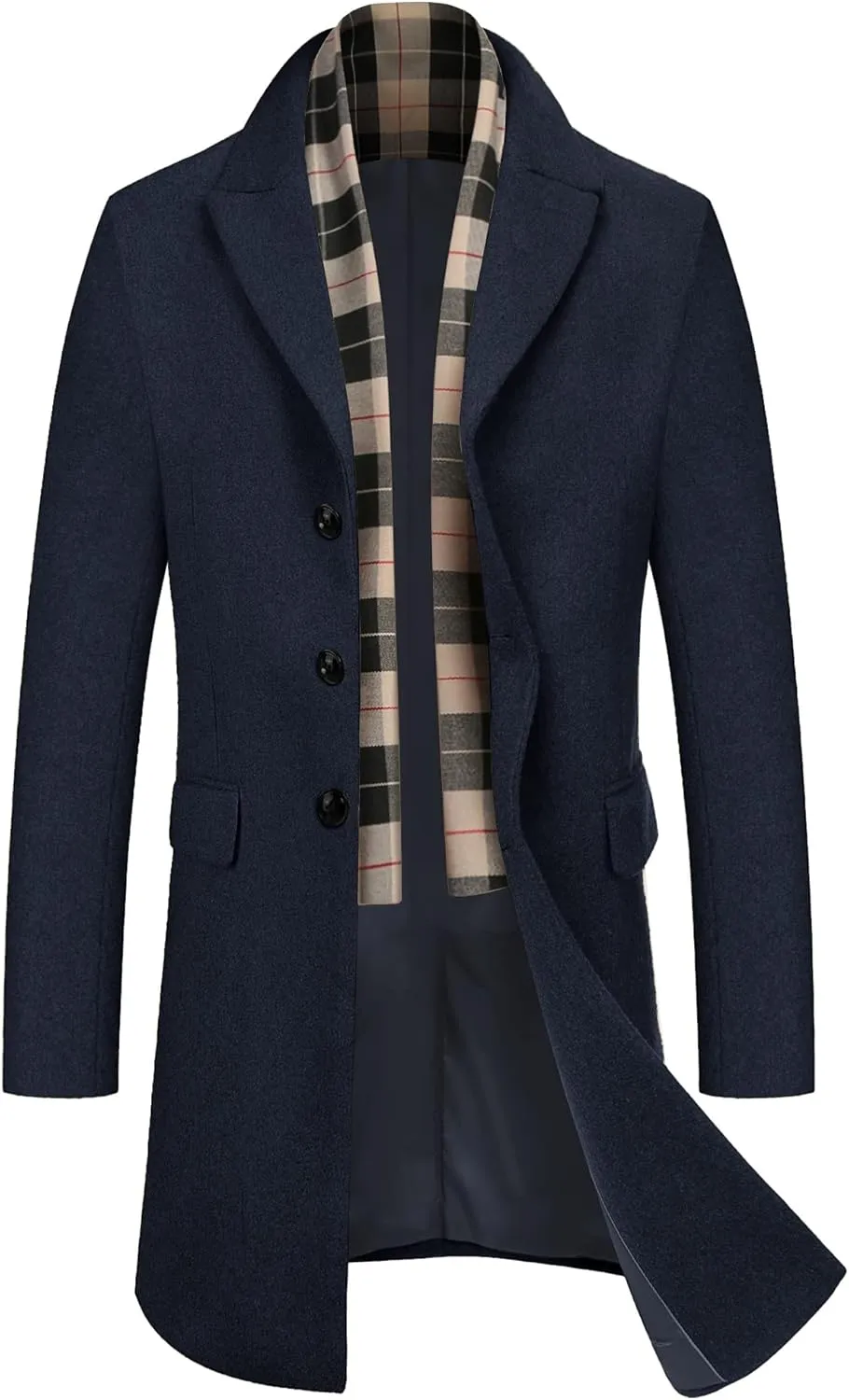 COOFANDY Men's Wool Blend Coat with Detachable Plaid Scarfs Notched Collar Single Breasted Pea Coat Trench Overcoat