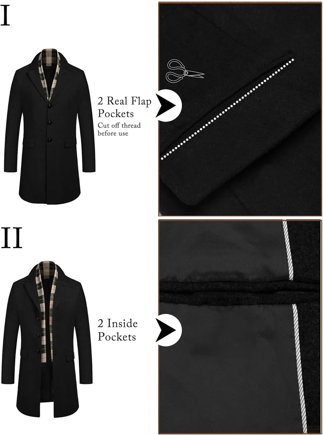 COOFANDY Men's Wool Blend Coat with Detachable Plaid Scarfs Notched Collar Single Breasted Pea Coat Trench Overcoat