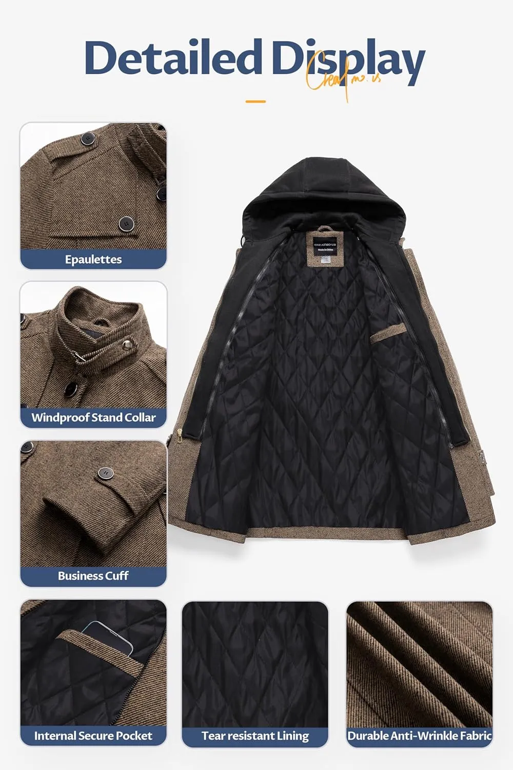 CREATMO US Men's Classic Pea Coat Wool Blend Trench Coat Windproof Business Overcoat With Detachable Hood
