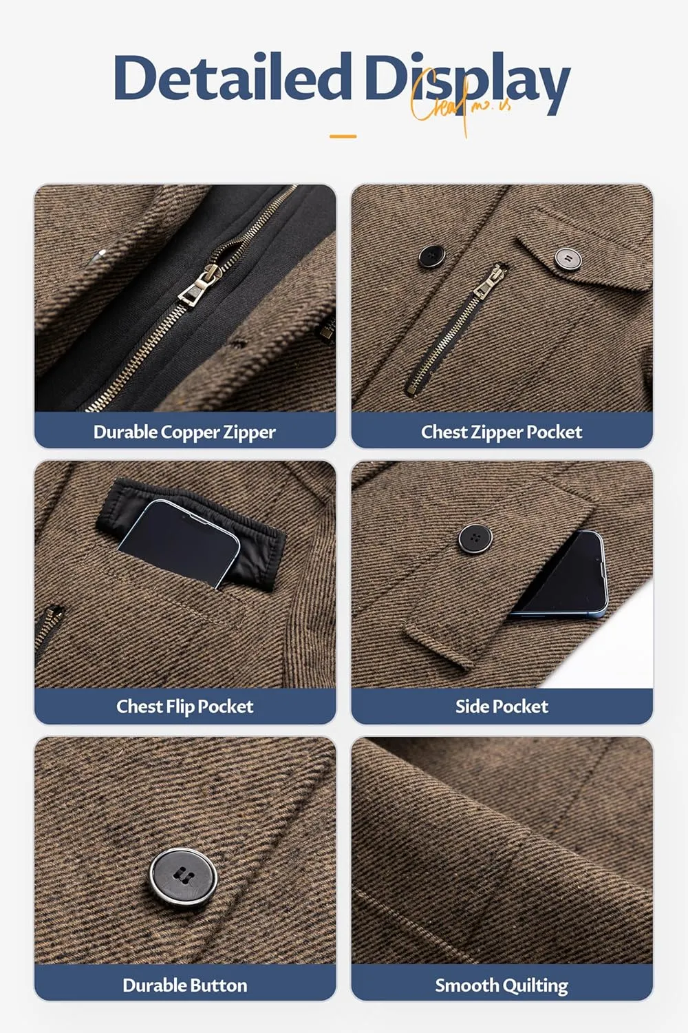 CREATMO US Men's Classic Pea Coat Wool Blend Trench Coat Windproof Business Overcoat With Detachable Hood