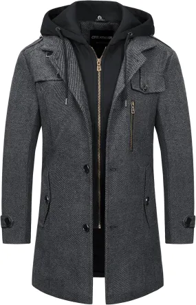 CREATMO US Men's Classic Pea Coat Wool Blend Trench Coat Windproof Business Overcoat With Detachable Hood