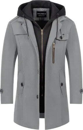 CREATMO US Men's Classic Pea Coat Wool Blend Trench Coat Windproof Business Overcoat With Detachable Hood