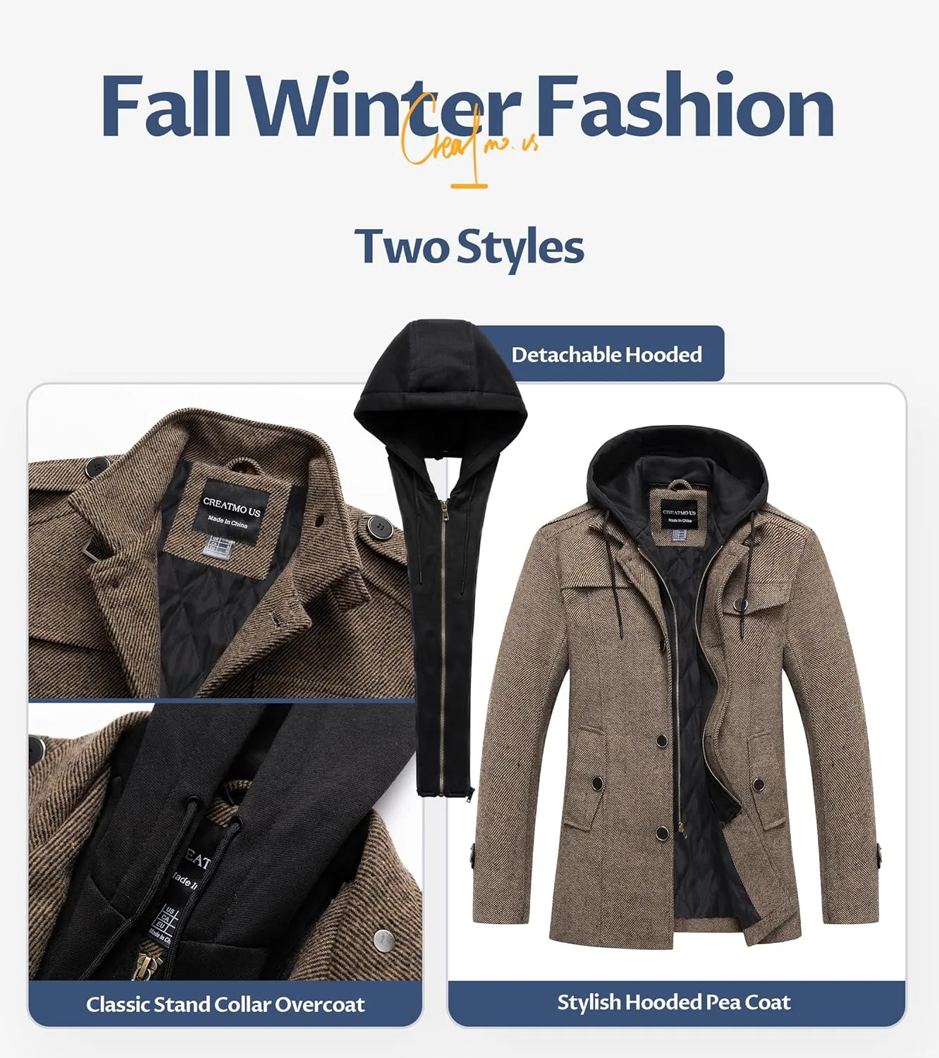 CREATMO US Men's Classic Pea Coat Wool Blend Trench Coat Windproof Business Overcoat With Detachable Hood