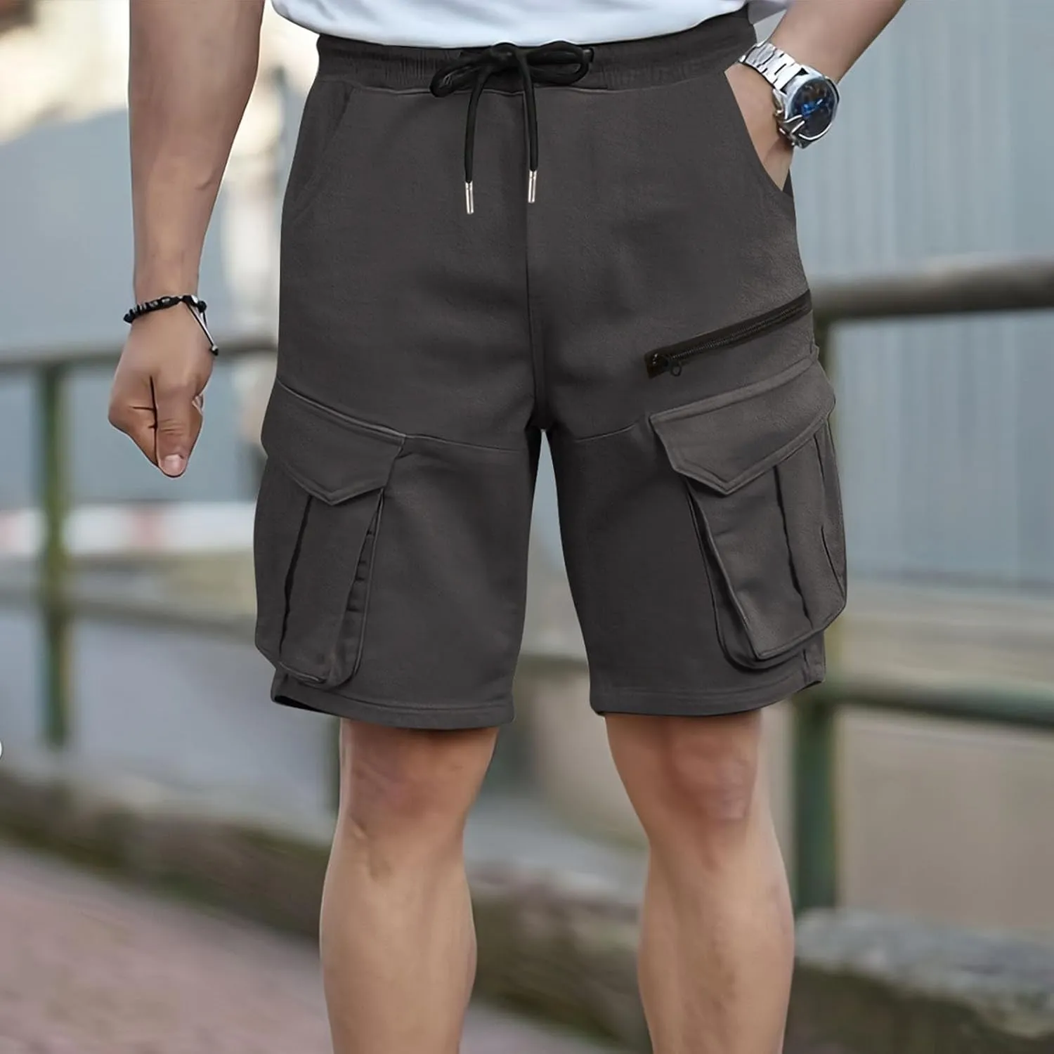 Fashion Cargo Shorts for Men Multi-Pocket Zipper Men's Pants Casual Loose Solid Color Shorts