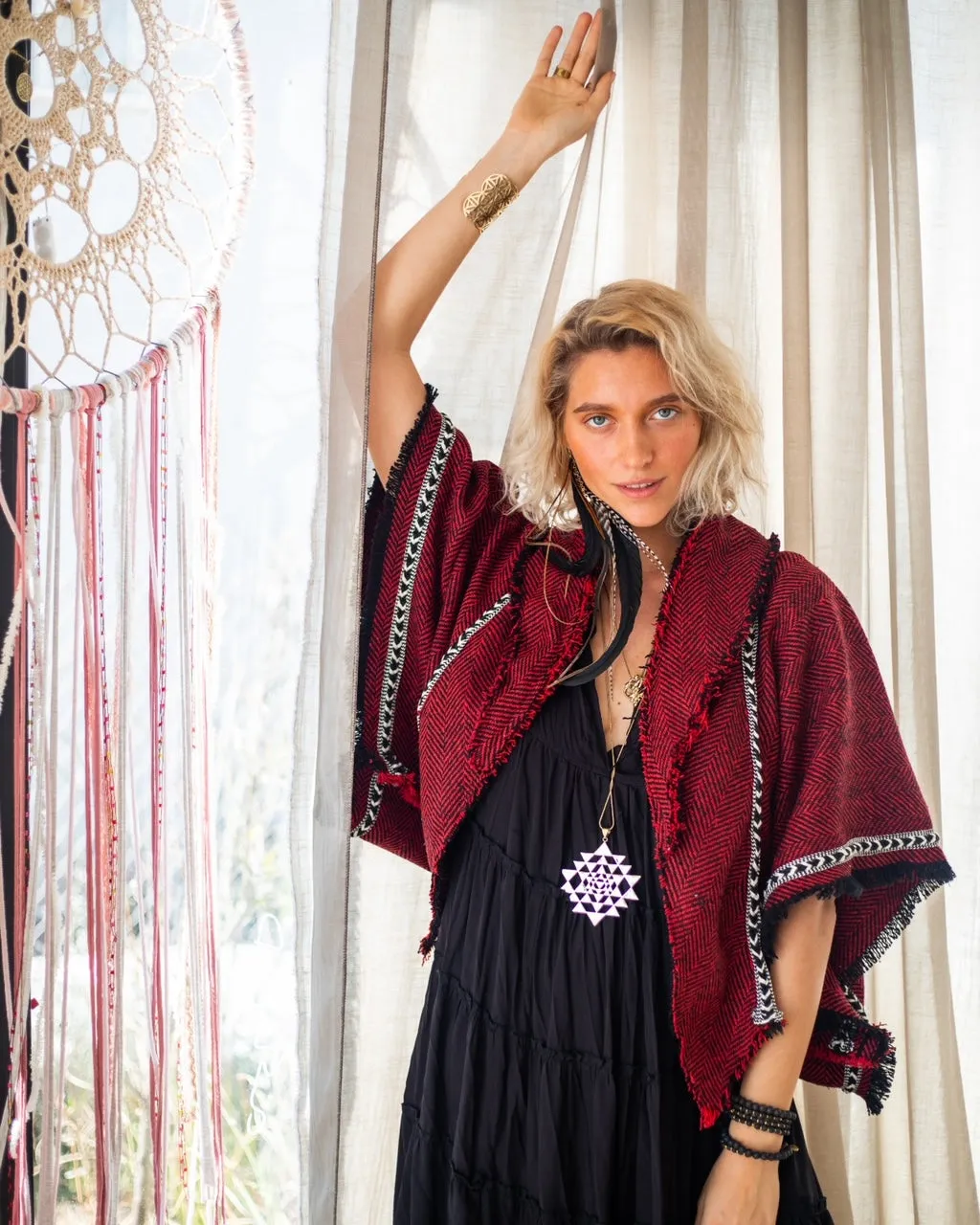 Geometric Red Wool Cardigan