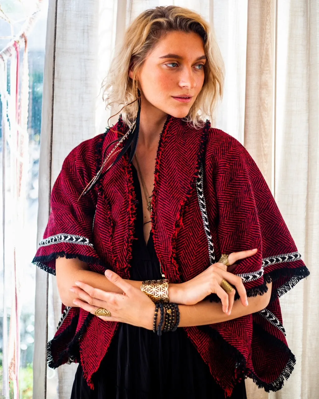 Geometric Red Wool Cardigan