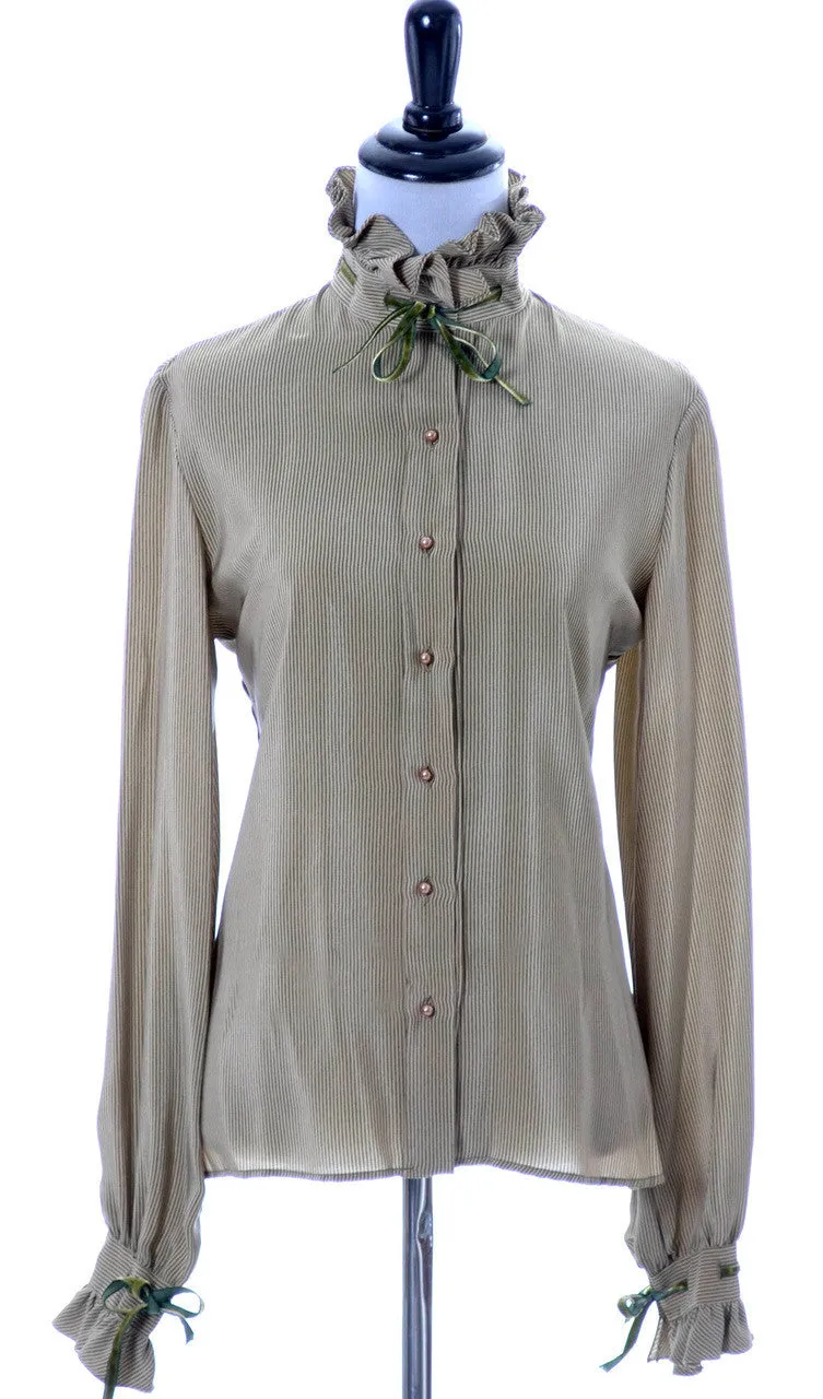Green silk vintage Valentino designer blouse with velvet trim