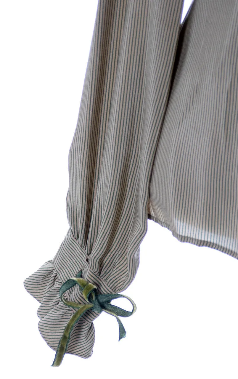 Green silk vintage Valentino designer blouse with velvet trim
