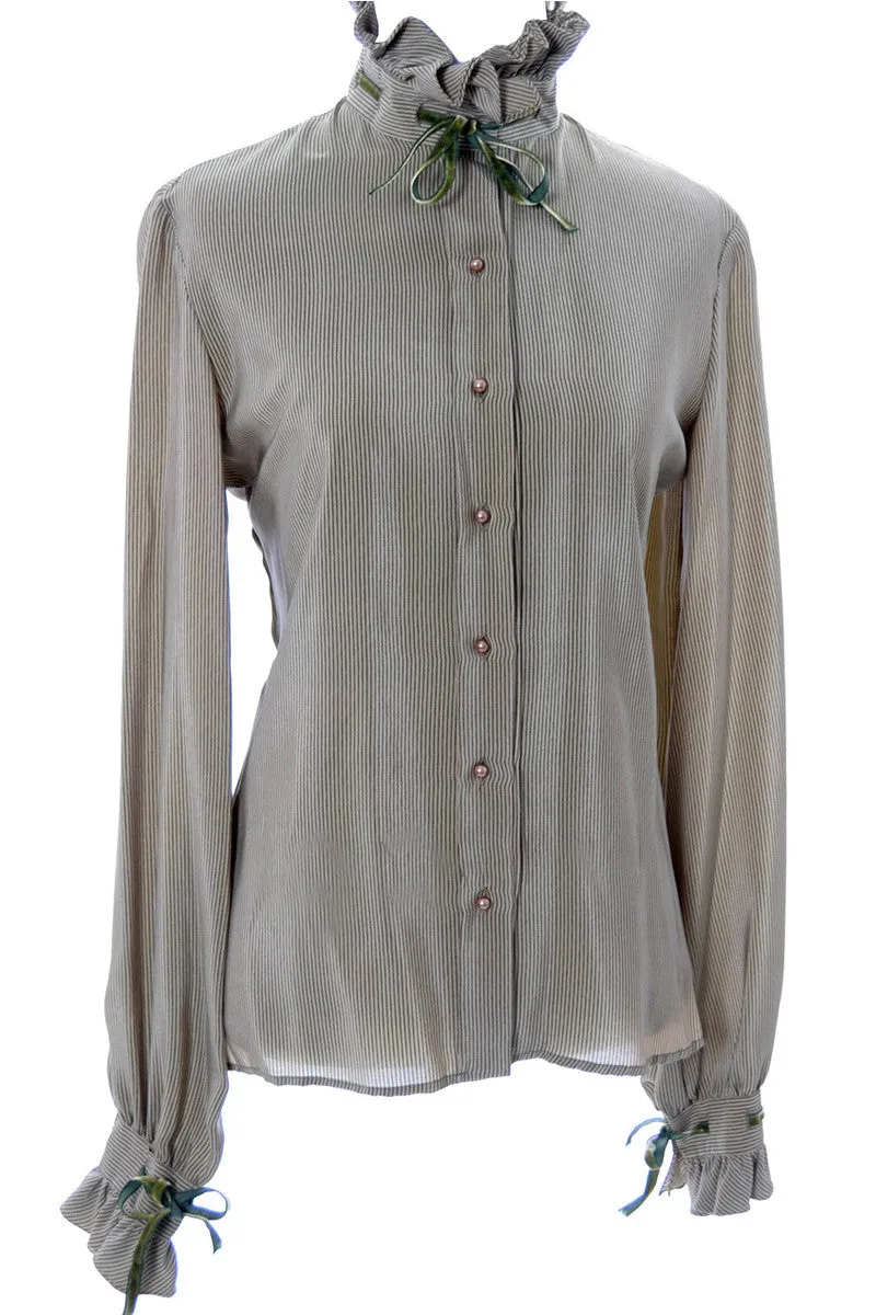 Green silk vintage Valentino designer blouse with velvet trim