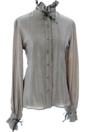 Green silk vintage Valentino designer blouse with velvet trim