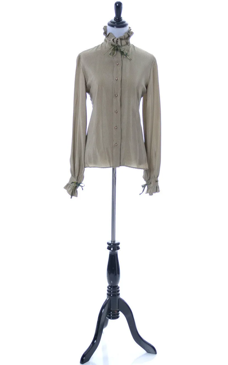 Green silk vintage Valentino designer blouse with velvet trim