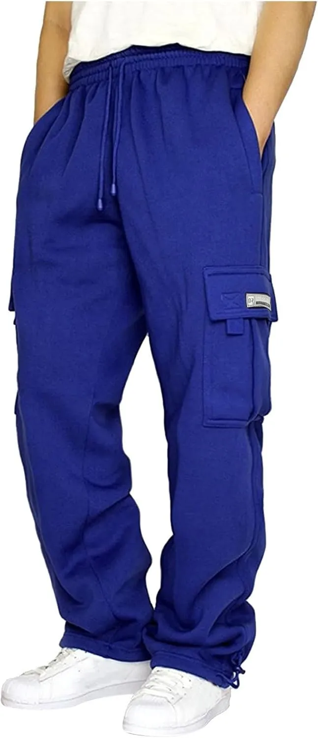 Heavy Cargo Sweatpants for Men Drawstring Baggy Jogger Cargo Pants Multi Pockets Open Bottom Athletic Workout Pants