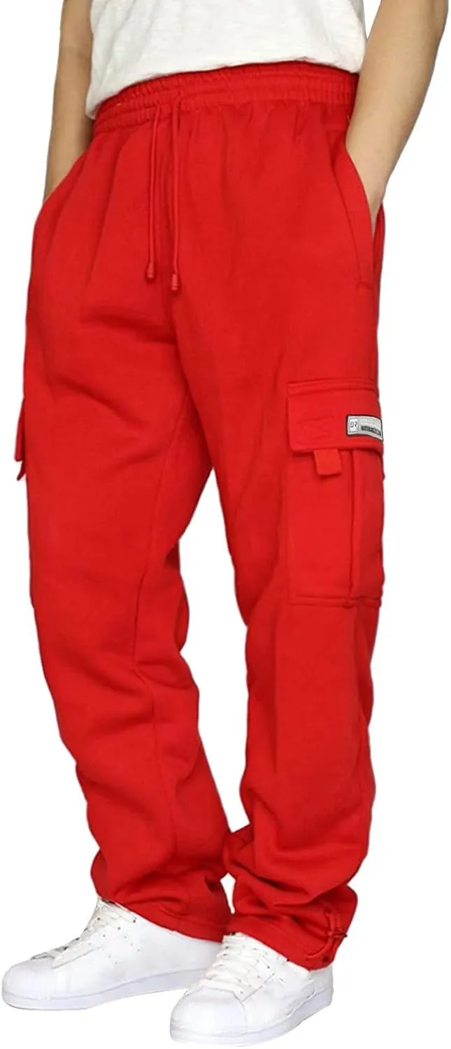 Heavy Cargo Sweatpants for Men Drawstring Baggy Jogger Cargo Pants Multi Pockets Open Bottom Athletic Workout Pants