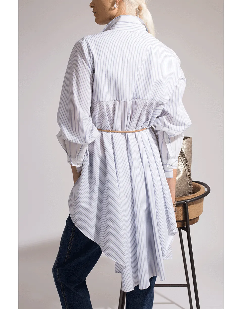 Hi-Low Striped Belted Blouse