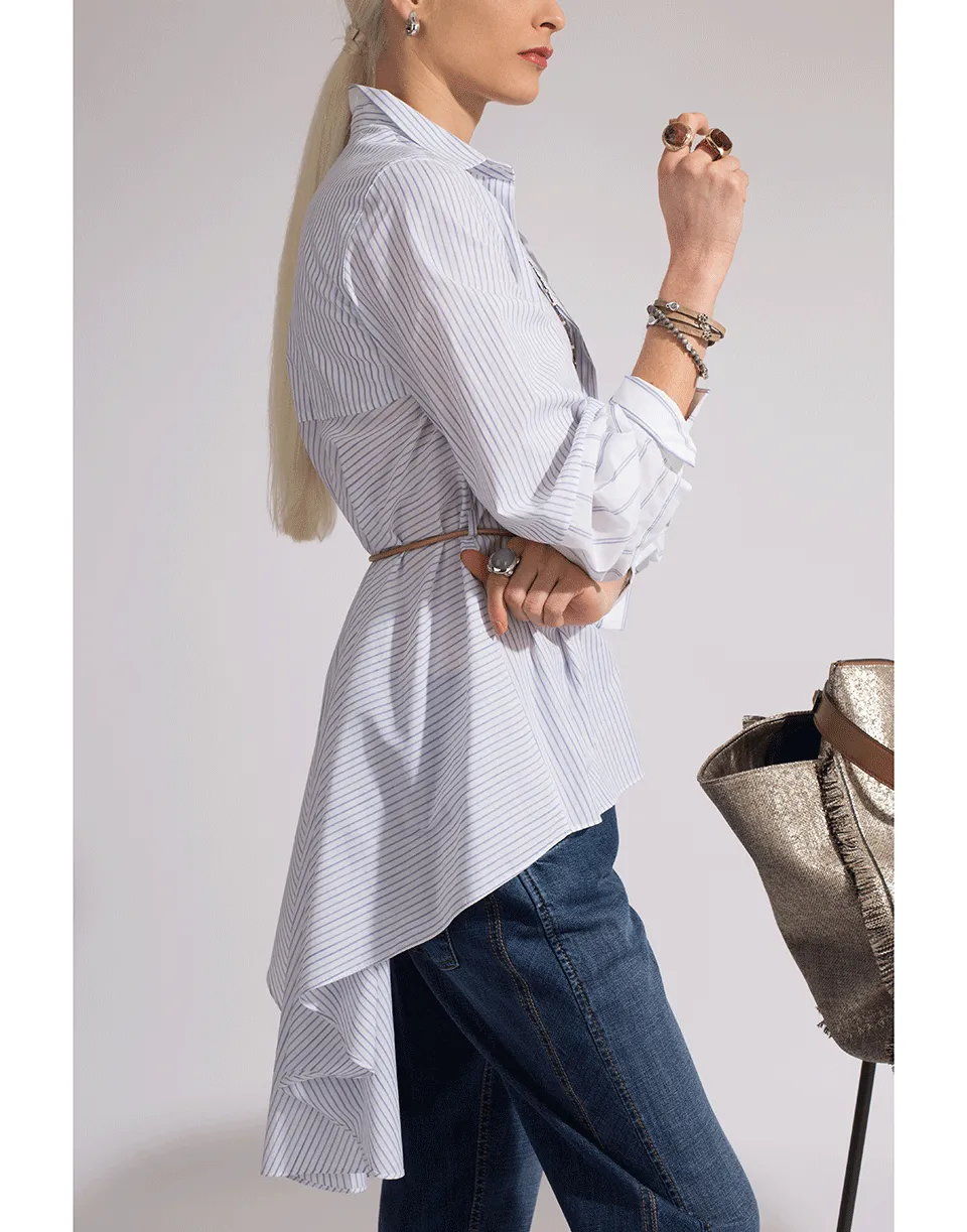 Hi-Low Striped Belted Blouse