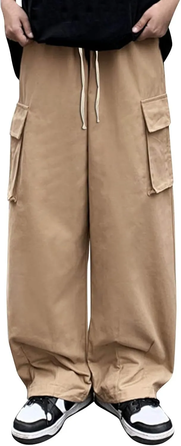 Hiking Pants Male Solid Color Multi Pocket Trousers Tether Athletic Loose Cargo Pants