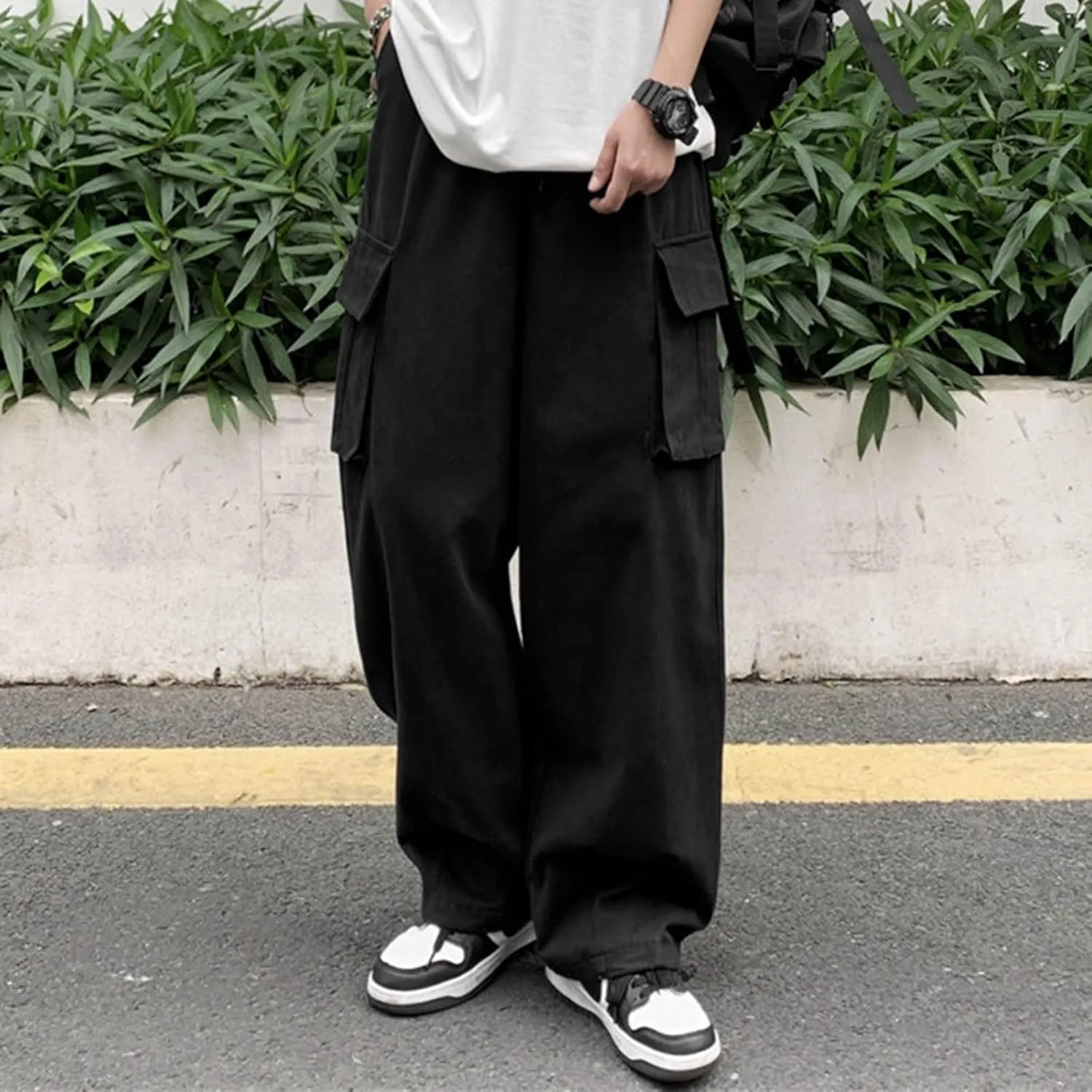 Hiking Pants Male Solid Color Multi Pocket Trousers Tether Athletic Loose Cargo Pants